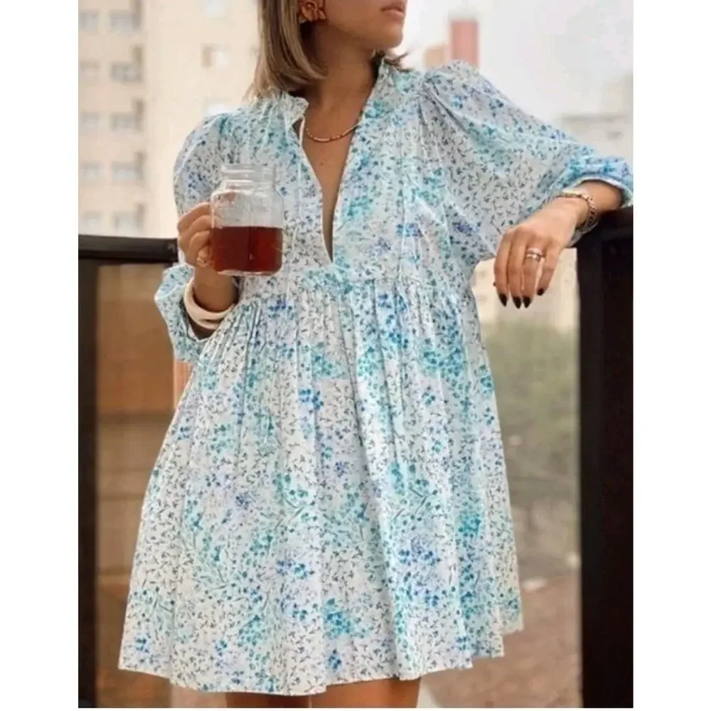 Zara Fancy Blue Poplin Cotton 3/4 Sleeve Dress Mini XS Loveshack Floral Print